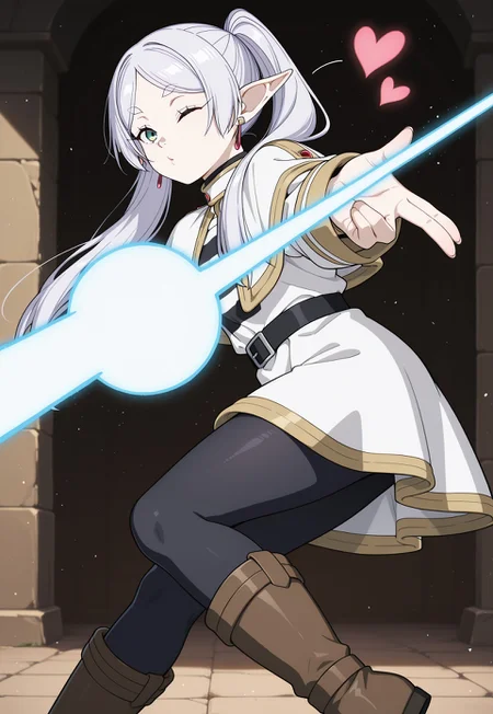 SSNFrieren, 1girl, elf, pointy ears, white hair, parted bangs, long hair, twintails, hair over shoulder, green eyes, small breasts, floating earring, earrings, layered clothes, gold trim, white capelet, striped shirt, white open jacket, long sleeves, shirt tucked in, jacket tucked in, black belt, white skirt, black pantyhose, brown boots,
BREAK
from side, side view, blowing a kiss, heart, puckered lips, one eye closed, gyaru v, Kamehameha-Trow, SHARP laser beam, energy beam out of hands moving forward, outstrecthed arms
BREAK
lazypos, masterpiece, best quality, amazing quality, very aesthetic, absurdres, 