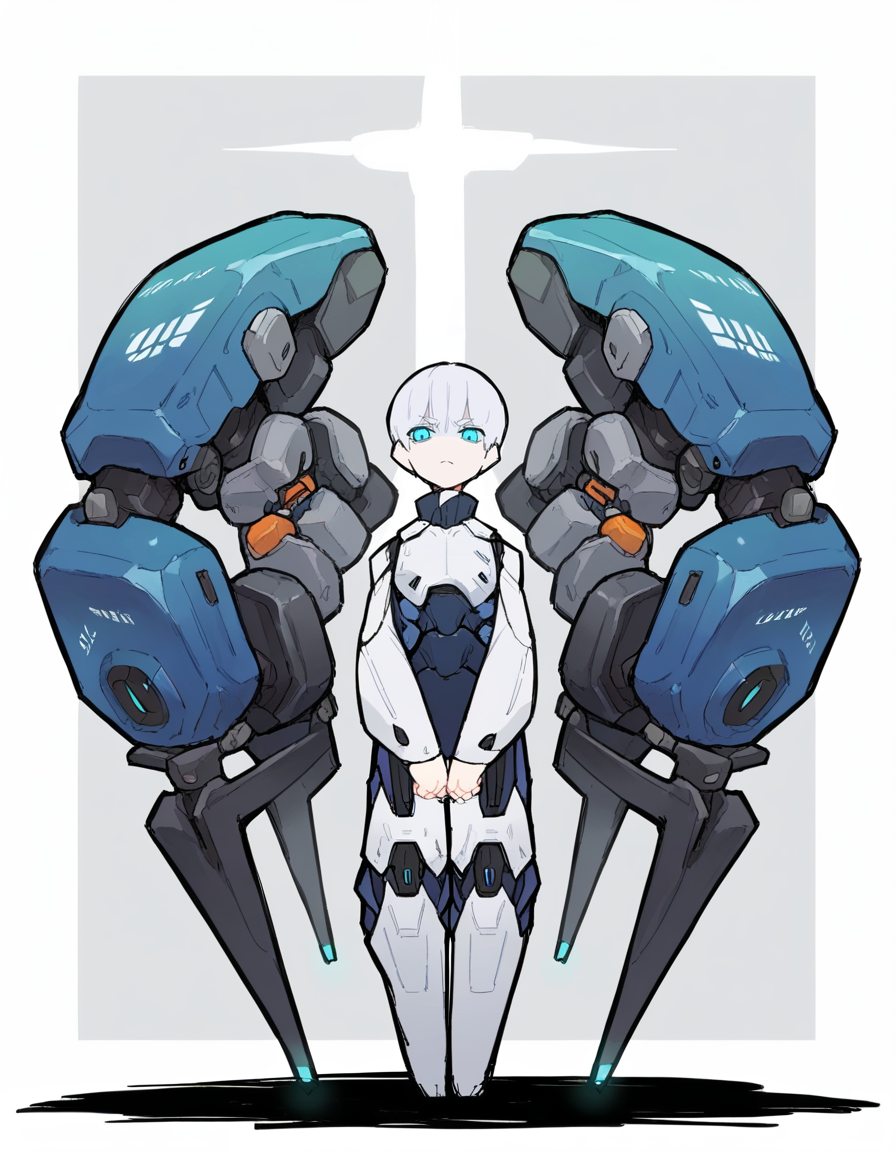 score_9, score_8_up, score_7_up, score_6_up, score_5_up, score_4_up, source_anime, BREAK <lora:Eiken3kyuboy_Artist_Style_ponyXL-000018:1> solo, android male,pale_skin, short_hair, white_hair,blue_eyes, standing, glowing_eye, incubation vat, steam, cables in the _background