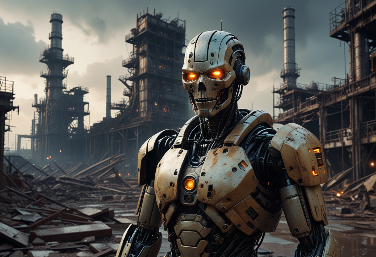 (medium full shot) of (long shot ) of cybernetic human navigating ruins, detailed face, located in a ruined world at a ruined oil refinery during late afternoon with stormy weather, illuminated by eerie glow, creating a rugged atmosphere, Masterpiece,best quality, photo, realistic, very aesthetic,