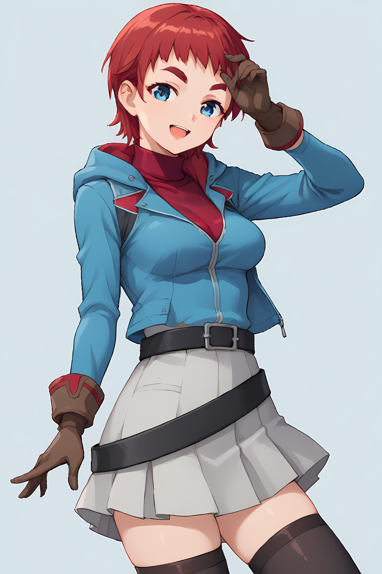 (military uniform blue jacket red hoodie red turtleneck grey skirt black belt brown gloves black thighhighs:1.60), cra-kristen, blue eyes, red hair, short bangs, short hair, thick eyebrows, 
medium breasts, 1girl, solo, skinny, (source_anime, score_9, score_8_up, score_8, score_7_up), score_7, score_6_up, score_6, score_5_up, score_5, 
(happy:1.30),
(simple background:0.60),
(close-up:1.40), (:1.10),
<lora:cra-kristen-V03-000003:0.60>