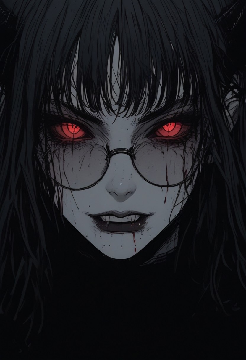 score_9, score_8_up, score_7_up, flat color, porcelain skin, demon, demon horns, blood dripping from grin, gthan, gothic, 1girl, solo, glasses, red eyes, spot color, closed mouth, colored sclera, monochrome, black sclera, bangs, looking at viewer, round eyewear, portrait, eye focus, black hair, greyscale, simple background