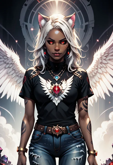 Animated Nightmare Style, 1girl, angel wings, animal ear fluff, animal ears, arms at sides, artist name, belt, black shirt, bracelet, cat ears, chain, colored sclera, cowboy shot, dark skin, dark-skinned female, denim, earrings, facial mark, feathered wings, gem, glowing, grey skin, jeans, jewelry, lips, long hair, looking at viewer, makeup, medium breasts, nail polish, necklace, nose, pants, red eyes, ring, shirt, short sleeves, solo, tattoo, thigh gap, torn clothes, torn jeans, torn pants, white hair, white wings, wings, BREAK PonyXLV6_Scores