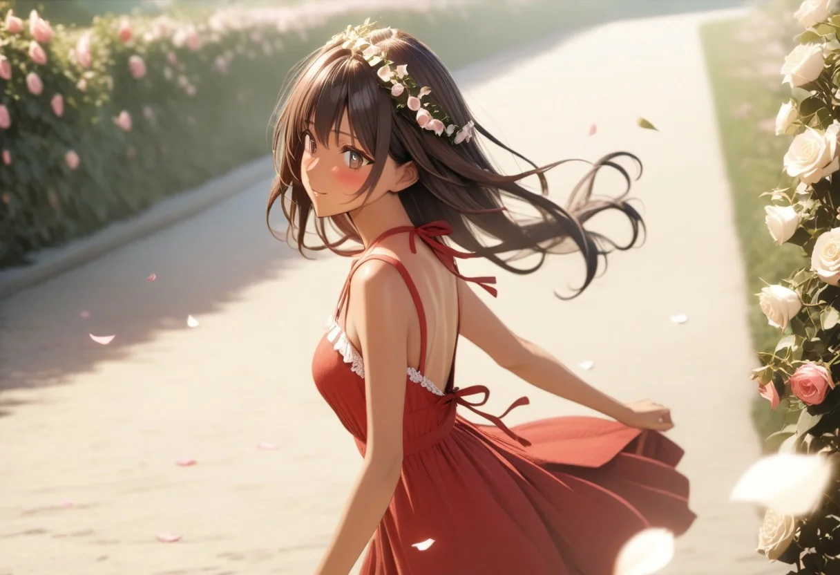 gorgeous lips, cinematic, (masterpiece), (best quality), (ultra-detailed), very aesthetic, illustration, perfect composition, intricate details, absurdres, detailed face, (anime, masterpiece, intricate:1.3), (best quality, hires textures, high detail:1.2), brown eyes,
1girl, brown skin, tan skin, very long black hair, wavy hair,medium breasts, perfecteyes, 8k, highest quality, ultra details,1girl, solo(,red frilly backless sundress with bows and ribbons:1.2), red hair ribbon, surrounded by roses, smelling the roses, hill covered in roses, spring season, cinematic lighting, hair blowing in the wind, dress blowing in wind, blush, smile, happy, falling flower petals ,roses in hair, roses cover the entire ground, flower petals blowing in the wind, (dynamic shot:1.4), photoshoot