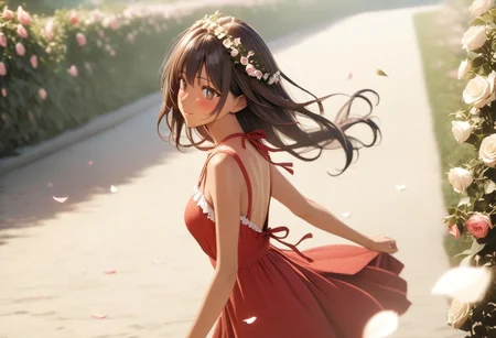 gorgeous lips, cinematic, (masterpiece), (best quality), (ultra-detailed), very aesthetic, illustration, perfect composition, intricate details, absurdres, detailed face, (anime, masterpiece, intricate:1.3), (best quality, hires textures, high detail:1.2), brown eyes,
1girl, brown skin, tan skin, very long black hair, wavy hair,medium breasts, perfecteyes, 8k, highest quality, ultra details,1girl, solo(,red frilly backless sundress with bows and ribbons:1.2), red hair ribbon, surrounded by roses, smelling the roses, hill covered in roses, spring season, cinematic lighting, hair blowing in the wind, dress blowing in wind, blush, smile, happy, falling flower petals ,roses in hair, roses cover the entire ground, flower petals blowing in the wind, (dynamic shot:1.4), photoshoot