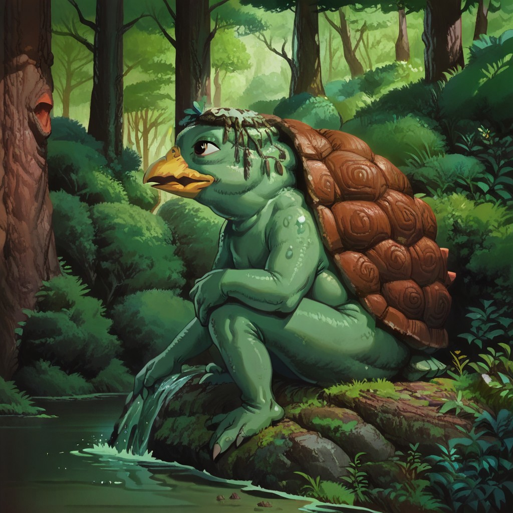 (score_9), score_8_up, score_7_up, 1girl, Kappa sitting on moss-covered boulder in the woods, turtle monster, beak, shell, water in head, beautiful ancient forest, detailed background