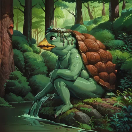 (score_9), score_8_up, score_7_up, 1girl, Kappa sitting on moss-covered boulder in the woods, turtle monster, beak, shell, water in head, beautiful ancient forest, detailed background