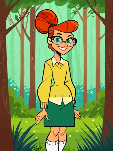 score_9, score_8_up, score_7_up, score_6_up, score_5_up,
ScarletPXL, green eyes, red hair, orange hair, pompadour, single hair bun, hair bun, glasses, sweater, socks, skirt, socks, green skirt, white socks, collared shirt, yellow sweater
, center frame, looking at viewer, smile, 3/4 view
, 1girl, solo, standing, forest
<lora:Aeolus06:1> aeolus06 <lora:ScarletPXL:0.85>