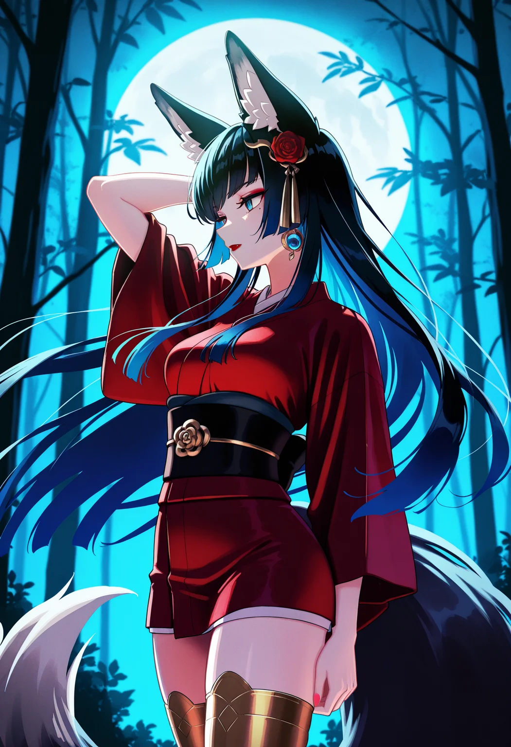 solo,night forest, moonlight,
1foxgirl, medium breasts,, fox ears, fox tail, blue eyes, slit pupils, long hair, hime haircut, ((black hair), blue hair, multicolored hair), masacra, eyeshadow, rose lipstick, mole, earrings,
hair ornament, red kimono, short kimono, gold stockings,
standing, cowboy shot, side view, arm up, floating hair,
kunitarouartstyle, <lora:kunitarouartIL-style:1>