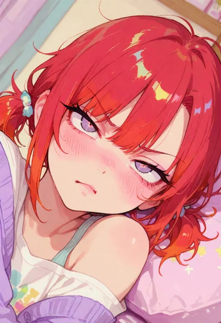 Flat colors, high detailed, high quality, masterpiece, best quality, very awa, absurdres, detailed eyes, detailed face, detailed skin, simple background, BREAK
(colourful:1.3), (cute character:1.5), (detailed face:1.4), (tsundere expression:1.5), (blush:1.3), (red hair:1.5), messy hair, twin tails, (sharp eyes:1.3), pouty lips, 1girl, 25 years old, adult, portrait, close-up, face focus, depth of field, looking at viewer, white shirt, purple cardigan, off shoulder, upper body, dutch angle, warm and sunny atmosphere, soft pastel colors, cozy bedroom, detailed background,
748cmstyle, artist:moriimee