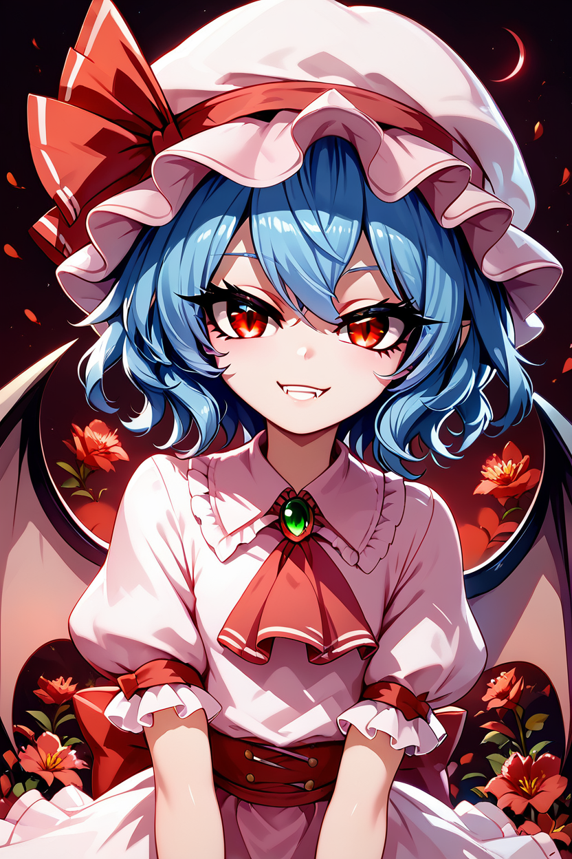 score_9, score_8_up, score_8, (curvy), cute, eyelashes,      BREAK,  zzRemilia, red eyes, blue hair, short hair, hat, ribbon, pink dress, wings, ascot, hat ribbon, bat wings, short sleeves, frills, puffy sleeves, smile, smug, <lora:Remilia_Touhou_PDXL:0.8>, glowing eyes,  upper body,  red moon,  BREAK, smile, looking at viewer,  ,,, shiny skin, <lora:ProAnime_PDXL_v1:0.8>, night garden, flowers, soft shadows, moonlight reflecting off skin, whisper of wind, ,,,  embedding:zPDXL, Expressiveh,  <lora:SDXLFaeTastic2400:0.5>,  <lora:Expressive_H-000001:0.4>,