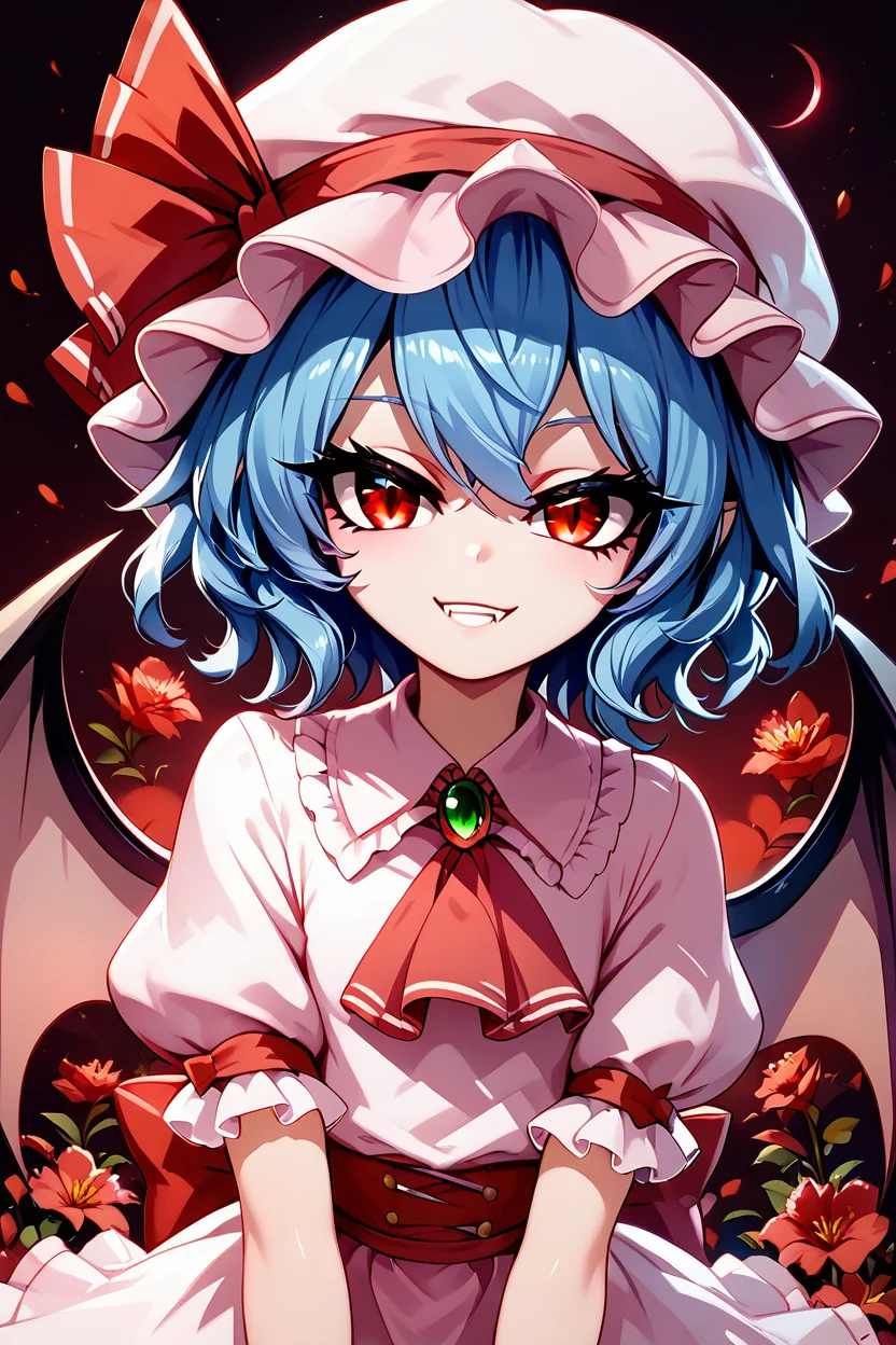 score_9, score_8_up, score_8, (curvy), cute, eyelashes, BREAK, zzRemilia, red eyes, blue hair, short hair, hat, ribbon, pink dress, wings, ascot, hat ribbon, bat wings, short sleeves, frills, puffy sleeves, smile, smug, <lora:Remilia_Touhou_PDXL:0.8>, glowing eyes, upper body, red moon, BREAK, smile, looking at viewer, ,,, shiny skin, <lora:ProAnime_PDXL_v1:0.8>, night garden, flowers, soft shadows, moonlight reflecting off skin, whisper of wind, ,,, embedding:zPDXL, Expressiveh, <lora:SDXLFaeTastic2400:0.5>, <lora:Expressive_H-000001:0.4>,