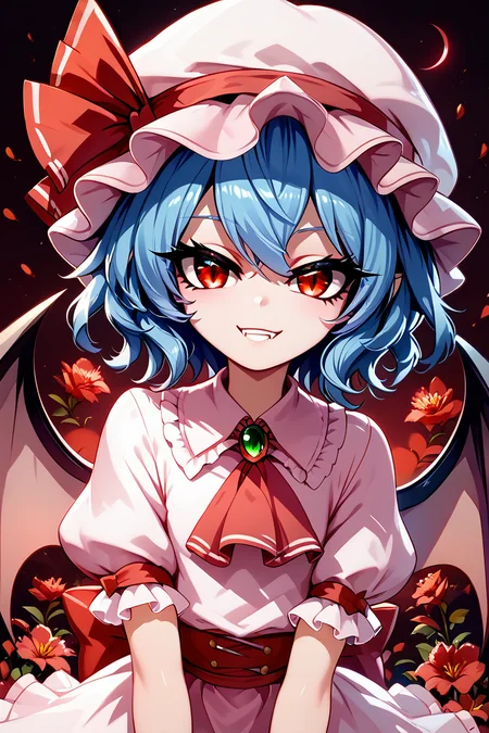 score_9, score_8_up, score_8, (curvy), cute, eyelashes, BREAK, zzRemilia, red eyes, blue hair, short hair, hat, ribbon, pink dress, wings, ascot, hat ribbon, bat wings, short sleeves, frills, puffy sleeves, smile, smug, <lora:Remilia_Touhou_PDXL:0.8>, glowing eyes, upper body, red moon, BREAK, smile, looking at viewer, ,,, shiny skin, <lora:ProAnime_PDXL_v1:0.8>, night garden, flowers, soft shadows, moonlight reflecting off skin, whisper of wind, ,,, embedding:zPDXL, Expressiveh, <lora:SDXLFaeTastic2400:0.5>, <lora:Expressive_H-000001:0.4>,
