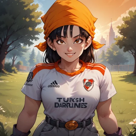score_9, score_8, BREAK, solo, 1girl, (pan from dragon ball GT), high quality best quality, (high detail), adorable face, orange bandana, RiverPlate, striped shirt, striped, shirt, white shirt, short sleeves, clothes writing, sportswear, soccer uniform, grey jeans, grey fingerless gloves, adult woman, mature woman, breasts, sexy pose, self portrait, smile, outdoors, sunlight, shadows, evening lighting, natural lighting, forest, trees, grass, orange sky, sunset