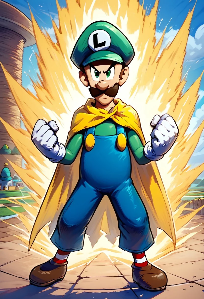 score_9, score_8_up, score_7_up
, masterpiece, beautiful,
Kipowerup, small ki,glowing energy field, sharp jagged energy waves,energy radiating from skin, yellow aura,
,holding hat, 2 hat, holding red hat, ITLuigi,cartoon-style,green long-sleeved shirt, blue overalls, moustache, round nose, brown shoes, white gloves, yellow buttons, brown hair, black eyes,slim, striped socks,red and white socks, L emblem on hat, yellow cape, cape, full body, action pose, , green hat