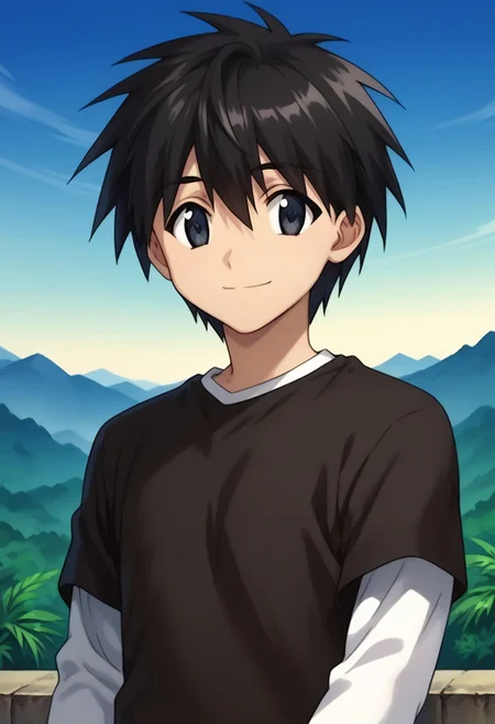 score_9, score_8_up, score_7_up, source_anime, highly detailed,
ikuto, 1boy, male focus, solo, black hair, hair between eyes, black eyes, shirt, black shirt, white shirt, short over long sleeves,
outdoor, island, palms, sky, upper body, smile,