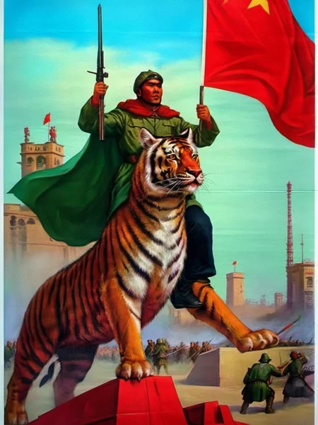 old country style painting, best quality, masterpiece, Red flag waving in urban area, armored exotic beast <lora:æ§å½é£:0.8>