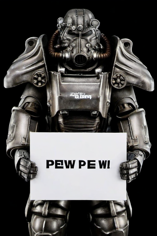 <lora:PE_HoldingSign:0.8> PEHoldingSign,
<lora:PE_PowerArmor:0.8> PEPowerArmor
holding a sign that says Pew Pew