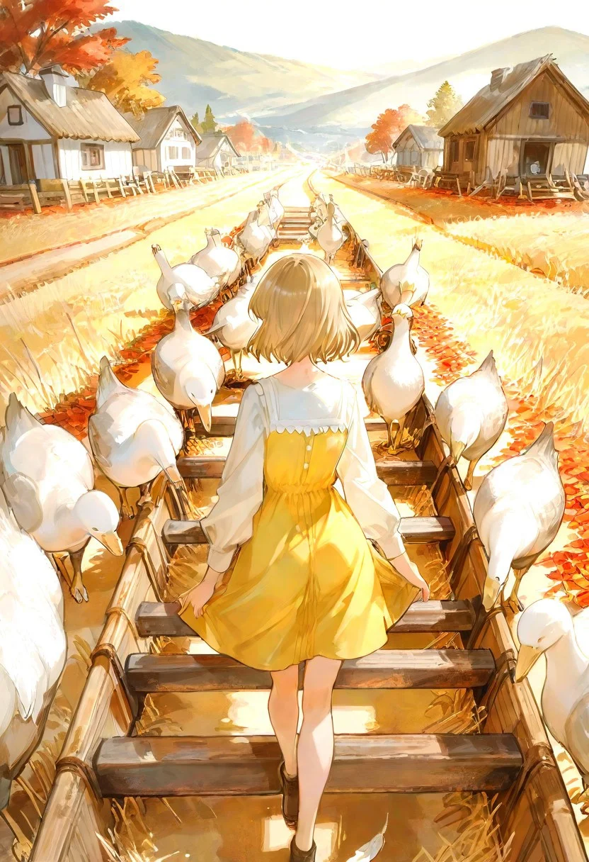 A charming rural illustration showcasing a bright and lively countryside scene. The composition centers on a group of white geese walking in a single file along a dirt path, with their soft white feathers and yellow beaks highlighted under warm sunlight. To the left of the geese stands a young girl, depicted with medium-length, wavy brown hair, wearing a simple orange dress. She holds a stick with a red leaf attached, interacting playfully with the geese. Her facial expression is cheerful, reflecting a sense of joy and connection with the animals.
The background is characterized by rolling fields of golden rice paddies on the right and neatly stacked straw bundles on the left, signifying the harvest season. A wooden cart laden with hay is positioned slightly off-center on the dirt path, adding to the rustic atmosphere. Beyond, a small cluster of white farmhouses sits at the base of forested hills, with green and autumnal trees blending harmoniously.