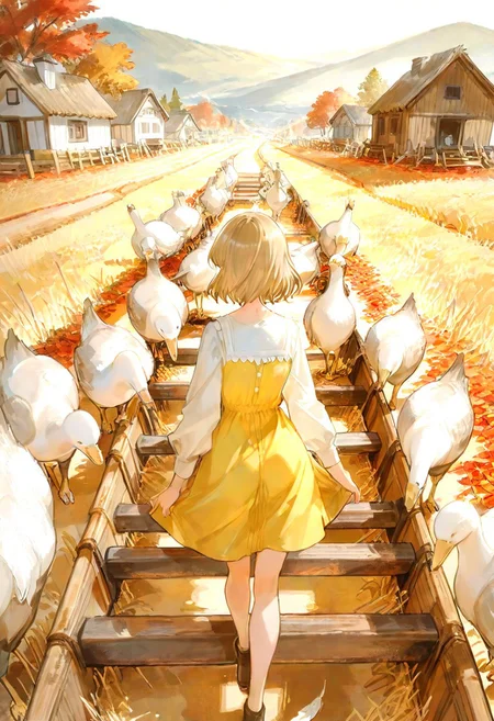 A charming rural illustration showcasing a bright and lively countryside scene. The composition centers on a group of white geese walking in a single file along a dirt path, with their soft white feathers and yellow beaks highlighted under warm sunlight. To the left of the geese stands a young girl, depicted with medium-length, wavy brown hair, wearing a simple orange dress. She holds a stick with a red leaf attached, interacting playfully with the geese. Her facial expression is cheerful, reflecting a sense of joy and connection with the animals.
The background is characterized by rolling fields of golden rice paddies on the right and neatly stacked straw bundles on the left, signifying the harvest season. A wooden cart laden with hay is positioned slightly off-center on the dirt path, adding to the rustic atmosphere. Beyond, a small cluster of white farmhouses sits at the base of forested hills, with green and autumnal trees blending harmoniously.