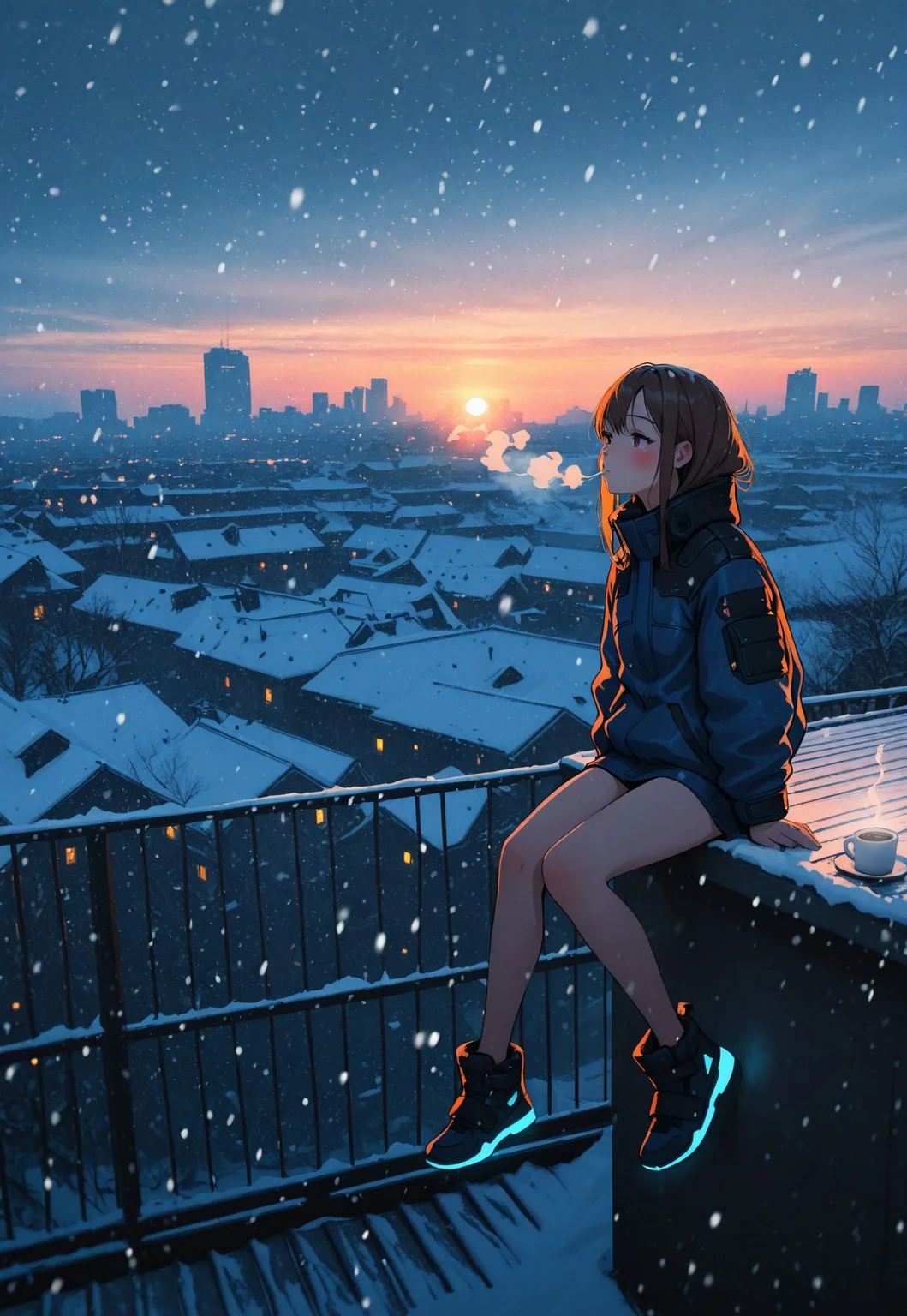 1girl, anime style, sitting, steaming breath, winter tech jacket, rosy cheeks, rooftop sky park, twilight, cyberpunk skyline, NYC, dangling legs, hot coffee, glowing city lights, soft snowfall, snowing, snow flurries, soft holograms, stormy sky, peaceful, cozy atmosphere, modern aesthetic, magical realism, makoto shinkai style, cinematic lighting, volumetric lighting, photo background, ultra-detailed, absurdres, highres, hdr, 8k, masterpiece, best quality, very aesthetic, newest, wide shot
BREAK, volumetric lighting, dappled light, light particles, , cinematic lighting, photo background,
easynegative, negative_hand,sykosanART , 748cmstyle