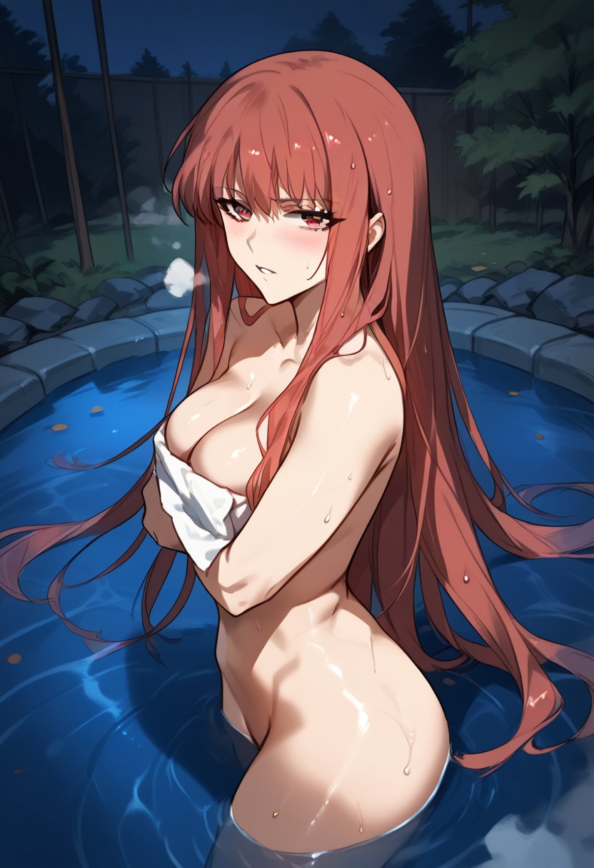 zPDXL3, score_9_up, score_8_up, score_7_up, (Anime_source), 1girl,FengLing, red eyes, orange hair, long hair, nude, towel, covering, parted lips, sitting in hot tub, outside, night, trees, cowboy shot, steam, wet, looking at viewer, from side, from above, blush