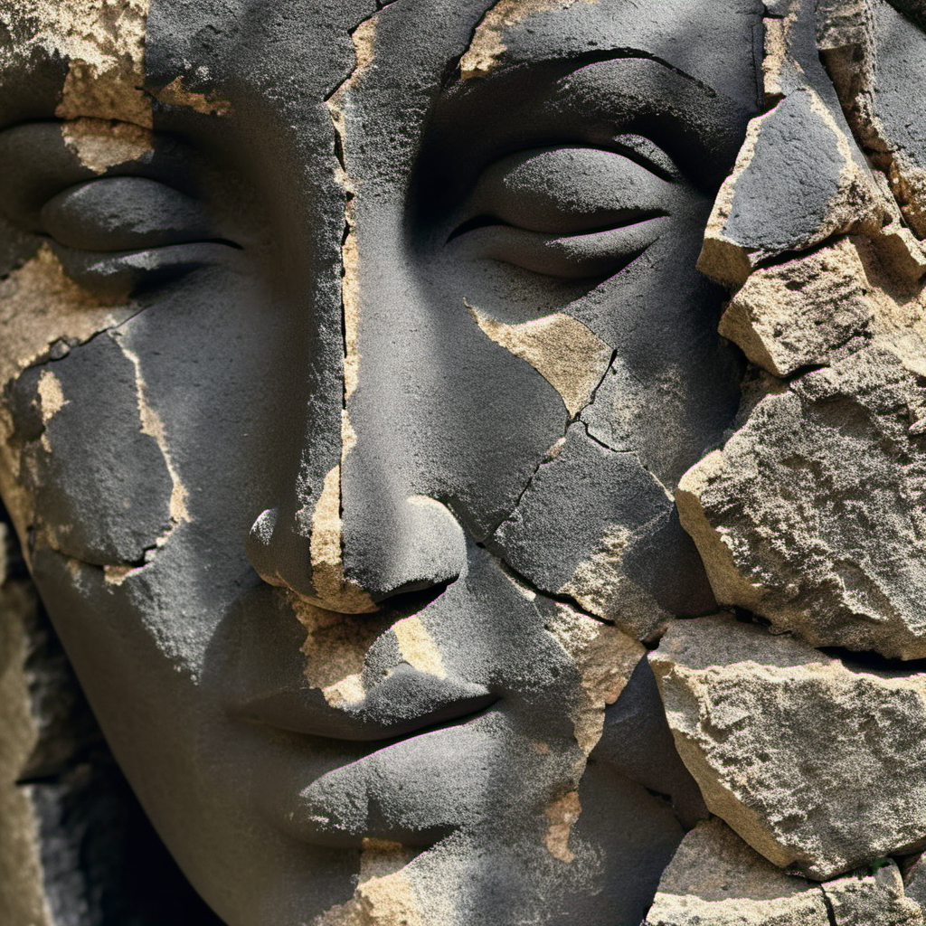 cinematic photo (sculpture beautiful face:1.3), cracked sandstone weathered, dark, simple background
 <lora:sandstone-SDXL-m:1> . 35mm photograph, film, bokeh, professional, 4k, highly detailed