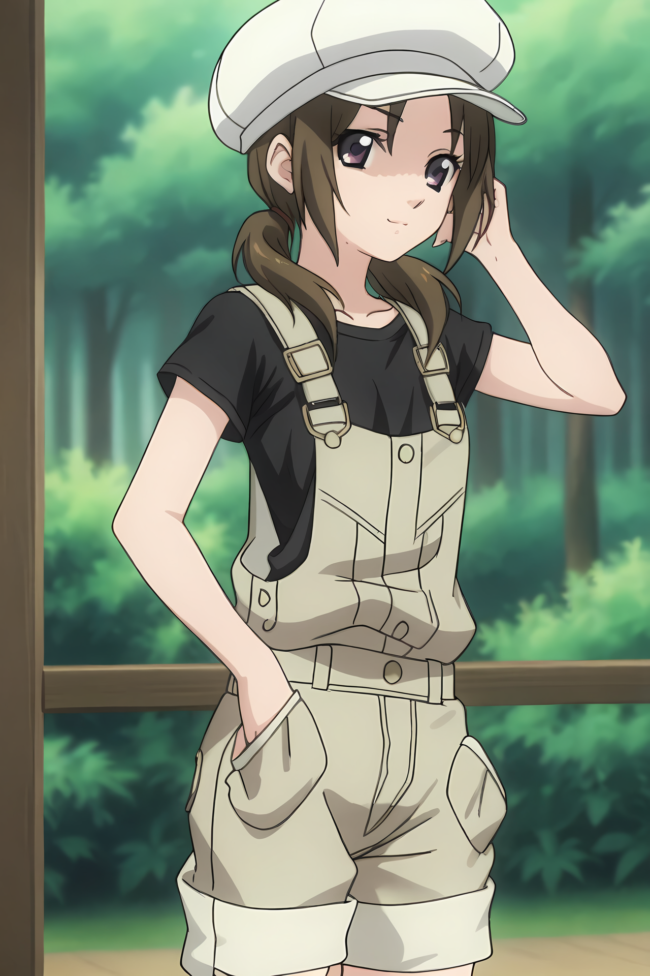 (short overalls black shirt:1.50), cpc-ichika, brown hair, short hair, low twintails, parted bangs, purple eyes,
1girl, solo, skinny, (source_anime, score_9, score_8_up, score_8, score_7_up), score_7, score_6_up, score_6, score_5_up, score_5, 
(lewd:1.40),
(0.1:outdoors forest:1.10),
(straight-on:1.40), (feet:1.10),
cabbie hat, 
medium breasts
<lora:cpc-ichika-V02-000004:0.90>