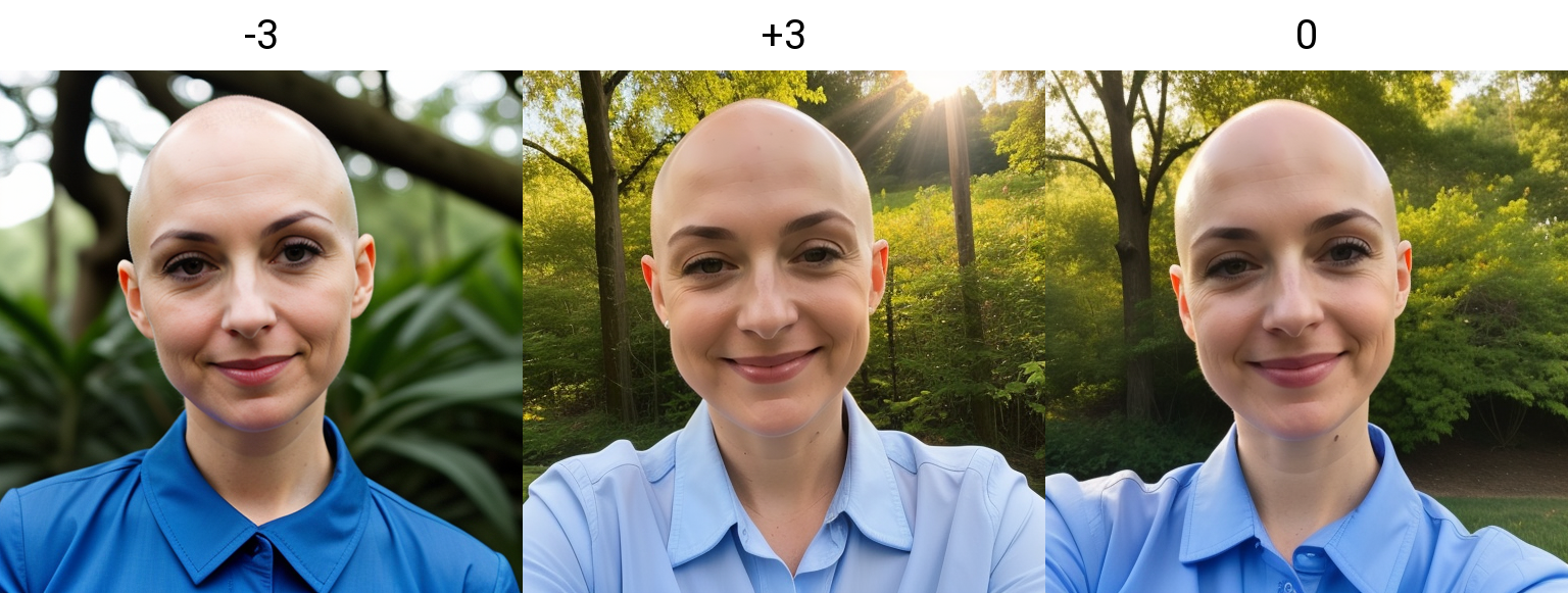 headshot, sun, woman, bald <lora:exposure_slider_v8_000000490:-3>, nature, smirk, blue shirt