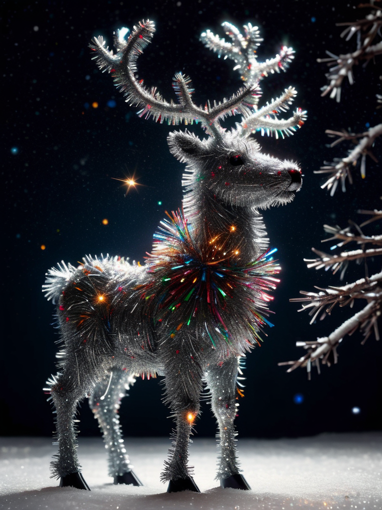 reindeer made of ral-tinsel standing outside in the snow, bright stars night <lora:ral-tinsel-sdxl:0.7>