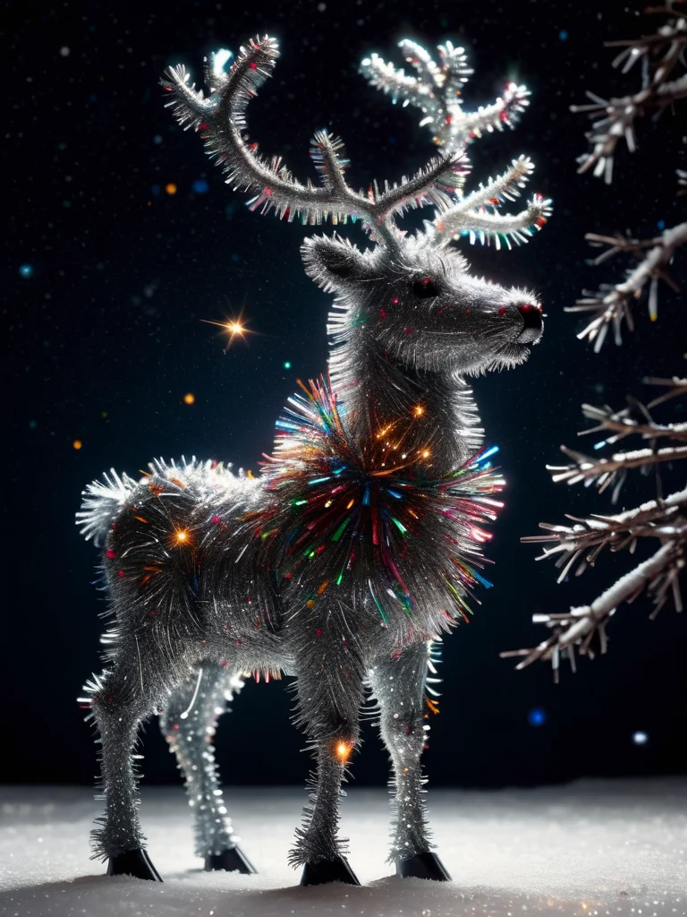 reindeer made of ral-tinsel standing outside in the snow, bright stars night <lora:ral-tinsel-sdxl:0.7>