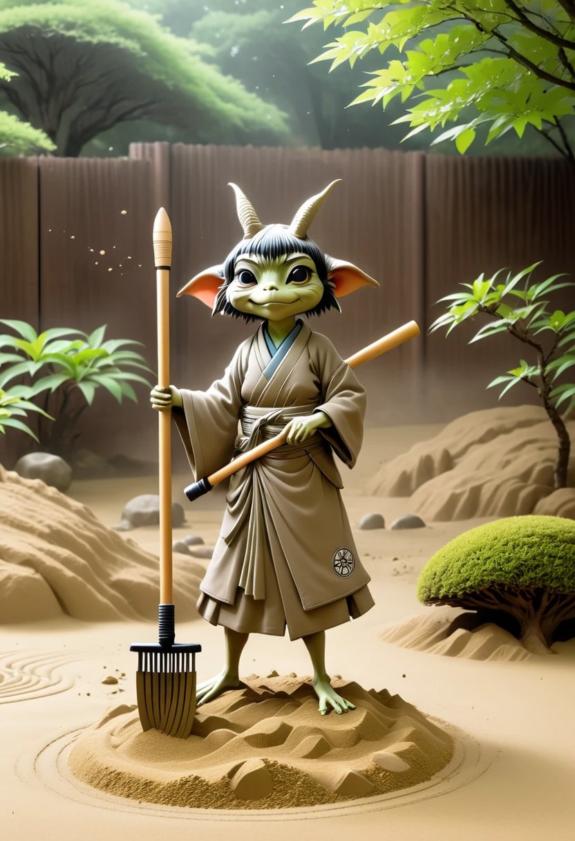 <lora:Everly_Heights_Backgrounds_New_Settings:.5> A serene misty Zen garden in medieval Japan with perfectly raked sand.feminine Yōsei gremlin holds a big rake that is bigger then her, the rake is painted with intricate details decorated, the gremlin is dressed in an apron, also wears multiple pouches with other sand sculpting implements and gardening tools sticking out of them