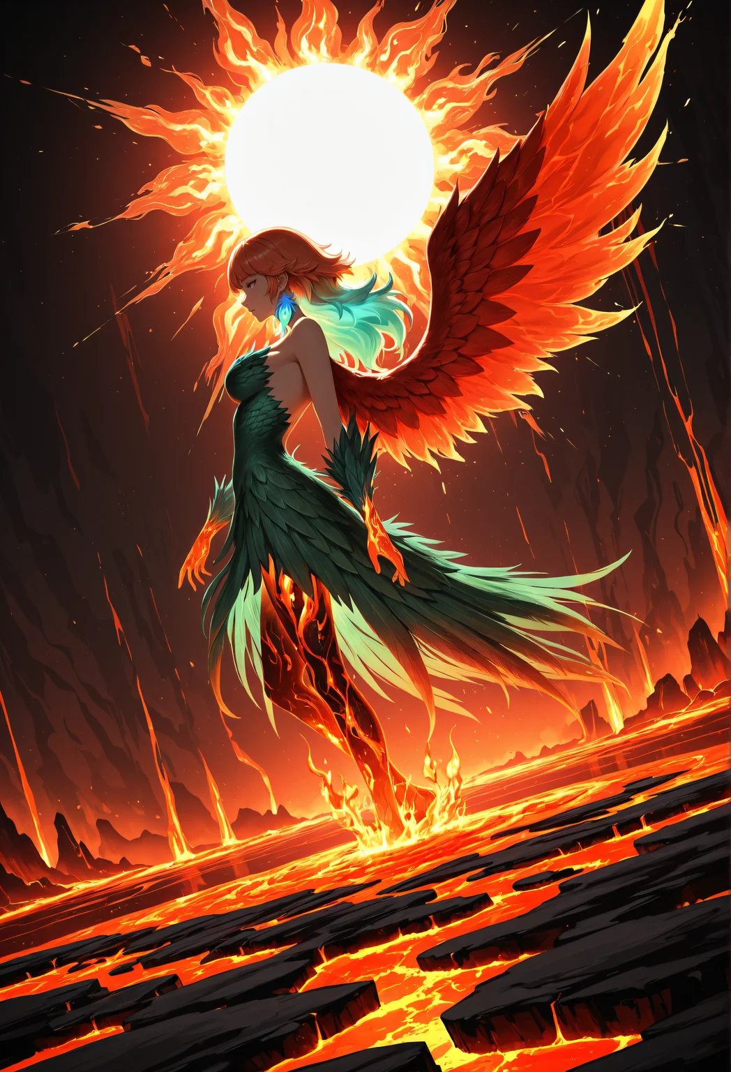 takanashi_kiara, abstract background, flame, ashe, rebirth, sun, lava, red wings, green feathers, backlight, from side, dutch angle, masterpiece, absurdres