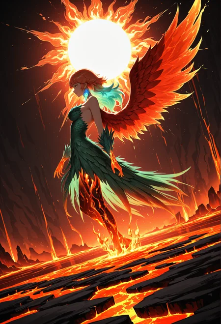 takanashi_kiara, abstract background, flame, ashe, rebirth, sun, lava, red wings, green feathers, backlight, from side, dutch angle, masterpiece, absurdres