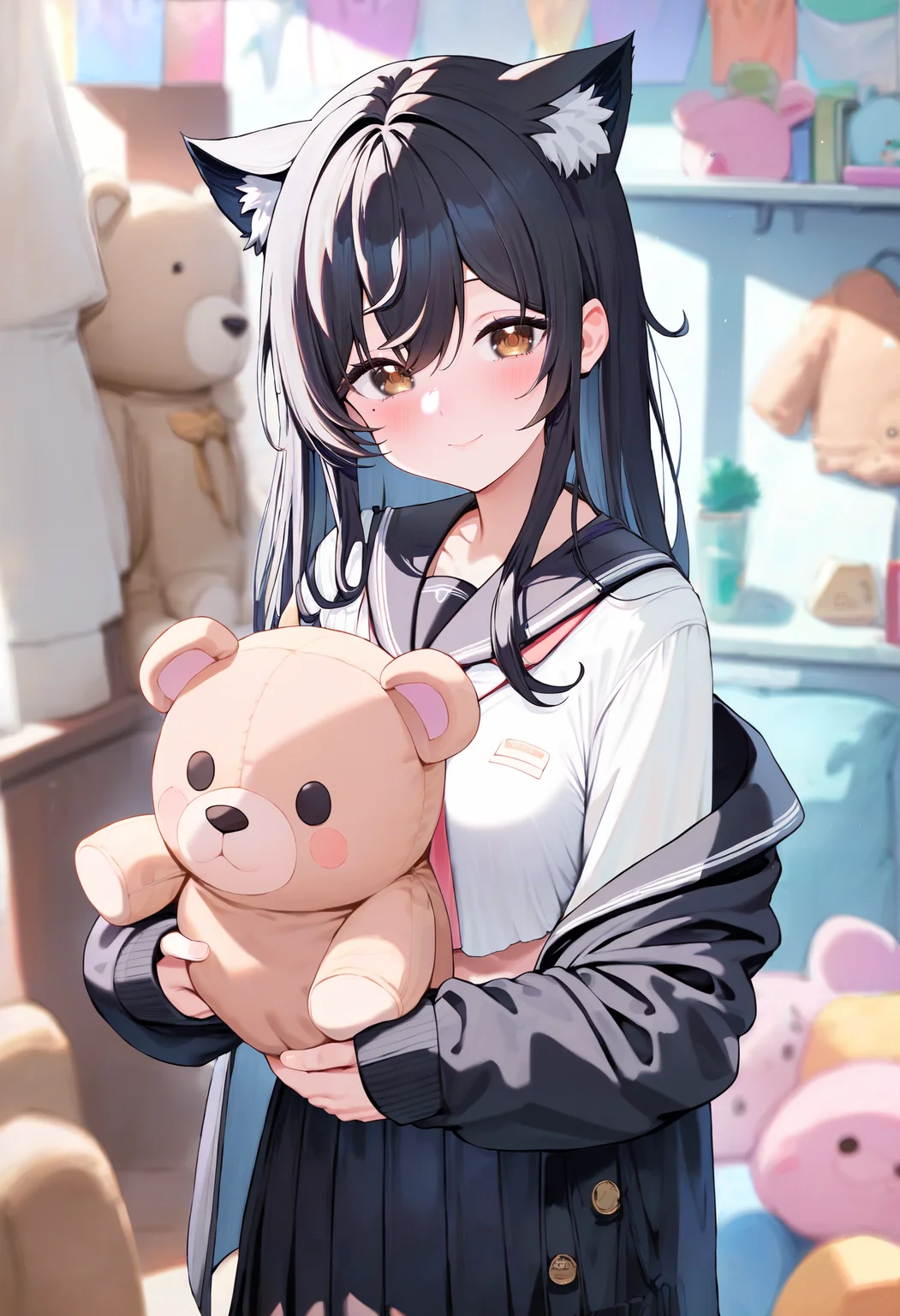 score_9,score_8_up,score_7_up,<lora:PDFA_Style5118164398:1>,1girl,solo,looking at viewer,blurry,animal ear fluff,black hair,black jacket,black sailor collar,black skirt,blurry background,blush,breasts,brown eyes,cardigan,closed mouth,depth of field,hair between eyes,holding,holding stuffed toy,jacket,long hair,long sleeves,medium breasts,miniskirt,mole,mole under eye,open clothes,open jacket,pleated skirt,sailor collar,sailor shirt,school uniform,shirt,skirt,sleeves past wrists,smile,stuffed animal,stuffed pig,stuffed toy,teddy bear,very long hair,white shirt,
