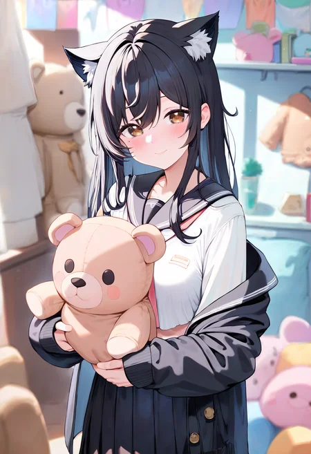 score_9,score_8_up,score_7_up,<lora:PDFA_Style5118164398:1>,1girl,solo,looking at viewer,blurry,animal ear fluff,black hair,black jacket,black sailor collar,black skirt,blurry background,blush,breasts,brown eyes,cardigan,closed mouth,depth of field,hair between eyes,holding,holding stuffed toy,jacket,long hair,long sleeves,medium breasts,miniskirt,mole,mole under eye,open clothes,open jacket,pleated skirt,sailor collar,sailor shirt,school uniform,shirt,skirt,sleeves past wrists,smile,stuffed animal,stuffed pig,stuffed toy,teddy bear,very long hair,white shirt,