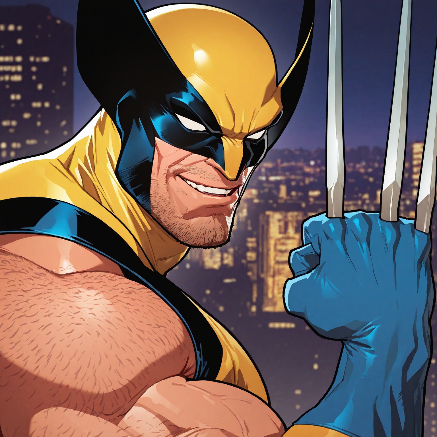 masterpiece, best quality, absurdres, newest, perfect quality, best quality, absolutely eye-catching, detailed background, intricate details, bara, 1boy, male, male focus, solo, mature, facial hair, stubble, no eyes, yellow body suit, blue stripes, black stripes, blue shoulder pads, blue gloves, red belt, yellow and black mask, mouth exposed, claws, hairy arms, hairy shoulders, bara, muscular, large pectorals, large biceps, looking at viewer, face close-up, portrait, looking at viewer, side view, smirk, city scenery, very awa, best quality, absurdres, newest, perfect quality, detailed background, intricate details, (artist:rokudenashi:0.8), (artist:dizdoodz:0.7), (artist:gomtang:0.6)