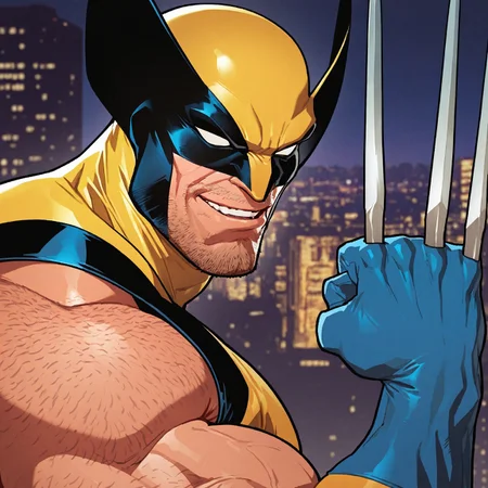 masterpiece, best quality, absurdres, newest, perfect quality, best quality, absolutely eye-catching, detailed background, intricate details, bara, 1boy, male, male focus, solo, mature, facial hair, stubble, no eyes, yellow body suit, blue stripes, black stripes, blue shoulder pads, blue gloves, red belt, yellow and black mask, mouth exposed, claws, hairy arms, hairy shoulders, bara, muscular, large pectorals, large biceps, looking at viewer, face close-up, portrait, looking at viewer, side view, smirk, city scenery, very awa, best quality, absurdres, newest, perfect quality, detailed background, intricate details, (artist:rokudenashi:0.8), (artist:dizdoodz:0.7), (artist:gomtang:0.6)