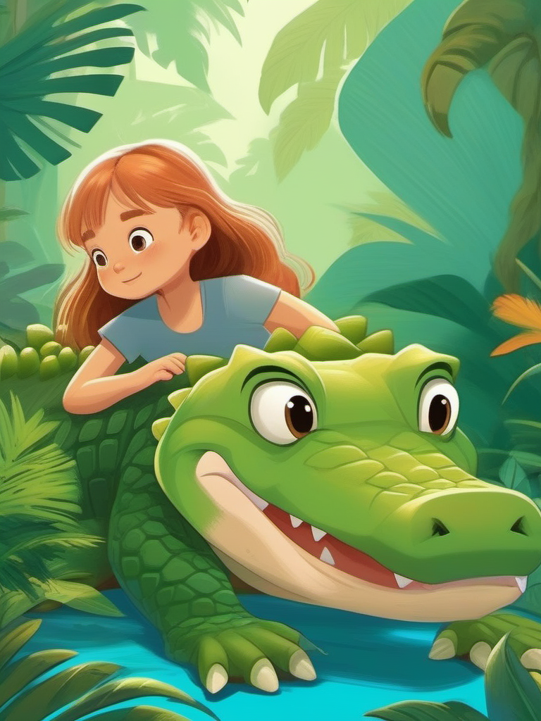 A young girl is laying on a giant alligator in a jungle setting., <lora:kids:1> illuillustration,