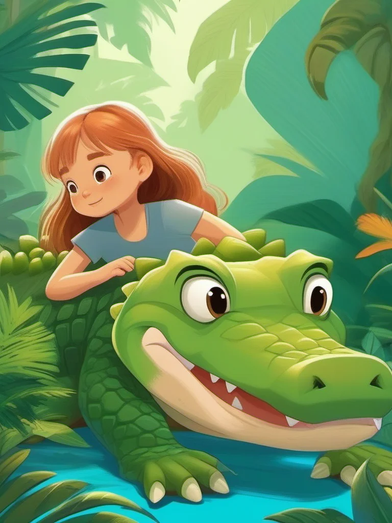 A young girl is laying on a giant alligator in a jungle setting., <lora:kids:1> illuillustration,