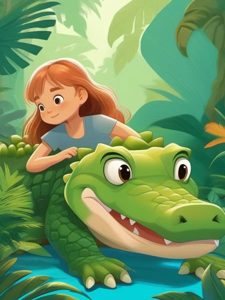 A young girl is laying on a giant alligator in a jungle setting., <lora:kids:1> illuillustration,