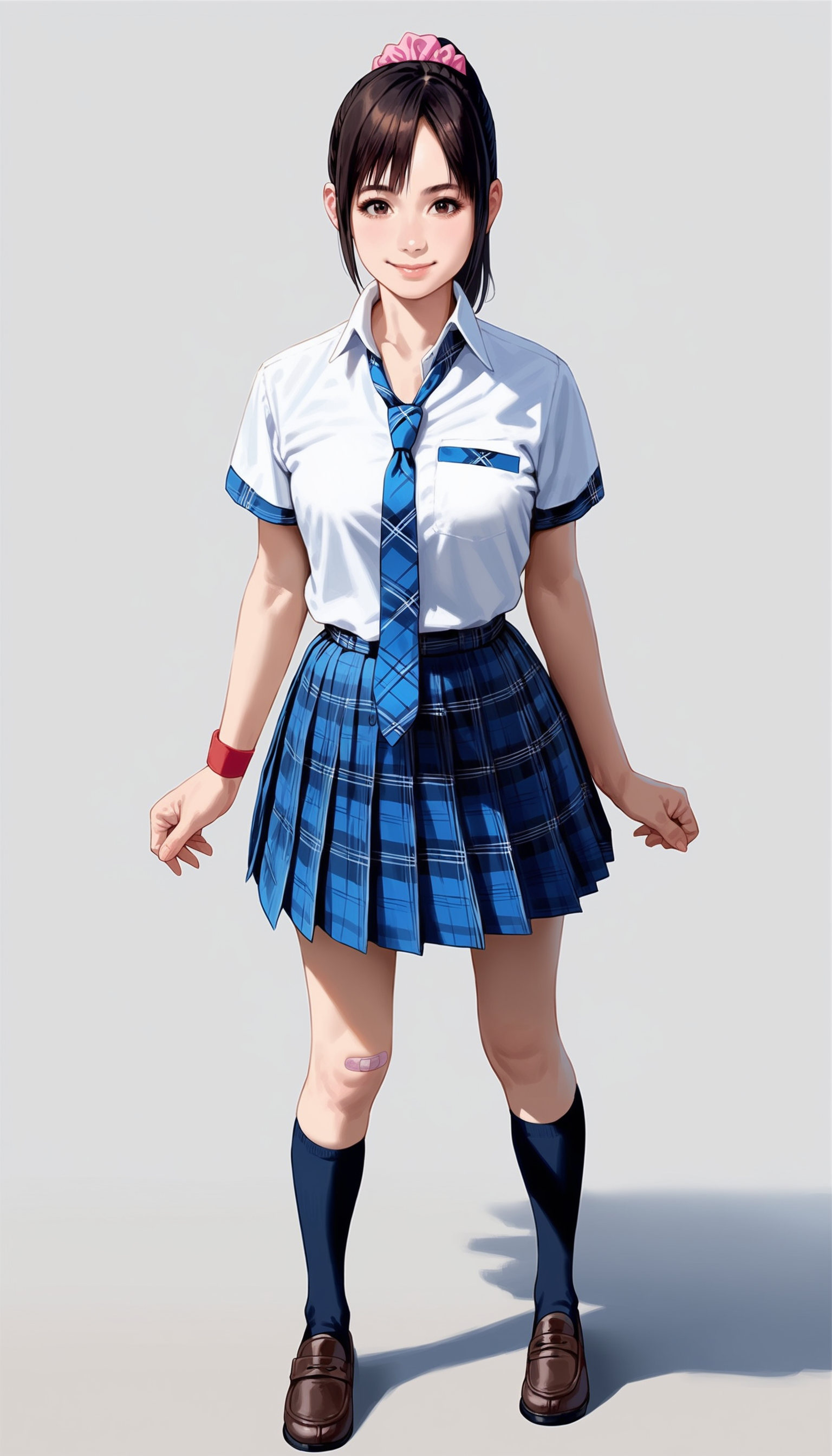 score_9,score_8_up,score_7_up,<lora:miiyamotoHikari:0.8>,
miiyamotohikari,1girl,solo,black hair,ponytail,bangs,brown eyes,pink scrunchie,school uniform,white shirt,white collar,blue plaid skirt,blue plaid necktie,red wristband,black kneehighs,bandaid on knee,leather shoes,looking at viewer,smile,medium breasts,best hips,standing,full body,white background,