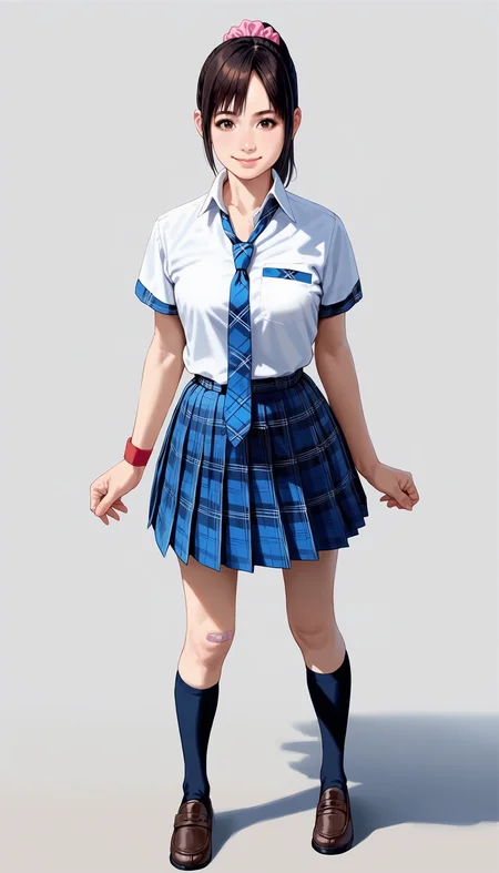 score_9,score_8_up,score_7_up,<lora:miiyamotoHikari:0.8>,
miiyamotohikari,1girl,solo,black hair,ponytail,bangs,brown eyes,pink scrunchie,school uniform,white shirt,white collar,blue plaid skirt,blue plaid necktie,red wristband,black kneehighs,bandaid on knee,leather shoes,looking at viewer,smile,medium breasts,best hips,standing,full body,white background,