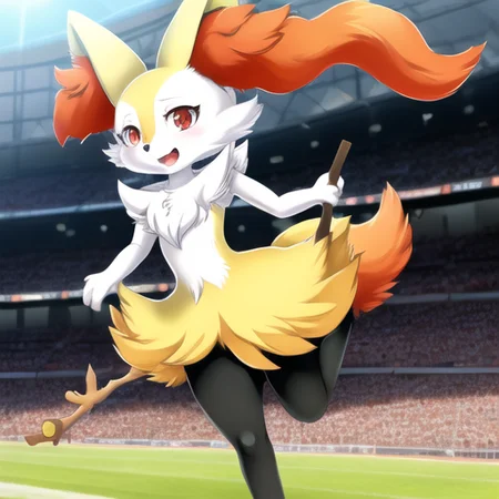 anime, 1girl, masterpiece, best quality, braixen, pokemon, yellow fox,  <lora:Braixen:0.8>, detailed, short muzzle, fluff ears, [red eyes], detailed eyes, outside, stadium, running, daylight, anatomically correct, stance, furry, stick, fluffy tail