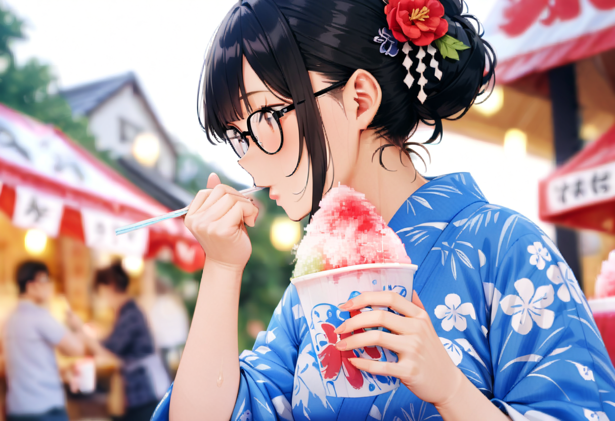 masterpiece, best quality, very aesthetic, absurdres,
1girl, solo, glasses, black hair, short hair, hair bun, hair ornament, yukata, floral print,
holding, holding food, kakikoori_red, shaved ice, cup, food, drinking straw, outdoors, blurry background,
 <lora:kakikoori_SDXL_V2:1>