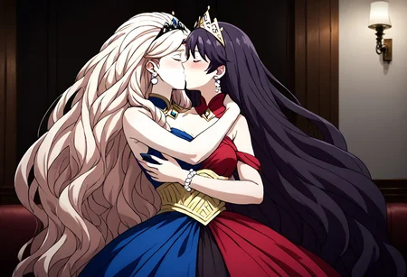 8K, HD, masterpiece, <lora: Two_heads_XL_anime_trained_edition_for_pony:1.1, add_details_xl:2>, negative_hands, easynegative, conjoined, Japan anime, two heads, BREAK female, random color hair, random ((short hair, very long hair, very long straight hair, wave hair, thick hair, furry hair)), ((2 different hairstyles)), ((2 tones color of hairstyles)), (((2 tones color hair))), ((human)), anime, BREAK female, rival team color, (((2 conjoined princess from 2 different countries))), (((((2 tone color outfit, contrasting left and right outfit, asymmetrical design with varying styles on left and right, dual-style outfit, separate outfit design for left and right sides, divided clothing with left and right in different themes))))), ((tiara, Diamond bracelet, silk gown with beaded bodice, encrusted crown, Pearl drop earrings, silk gown with detailing)), look at each other, face to face, kissing, eyes closed, shy mood, hugging, hug, dance pose, lady, girl, ((indoor, indoor royal banquet hall background)), ((magnificent, splendid background)), room lighting, dynamic shot angle