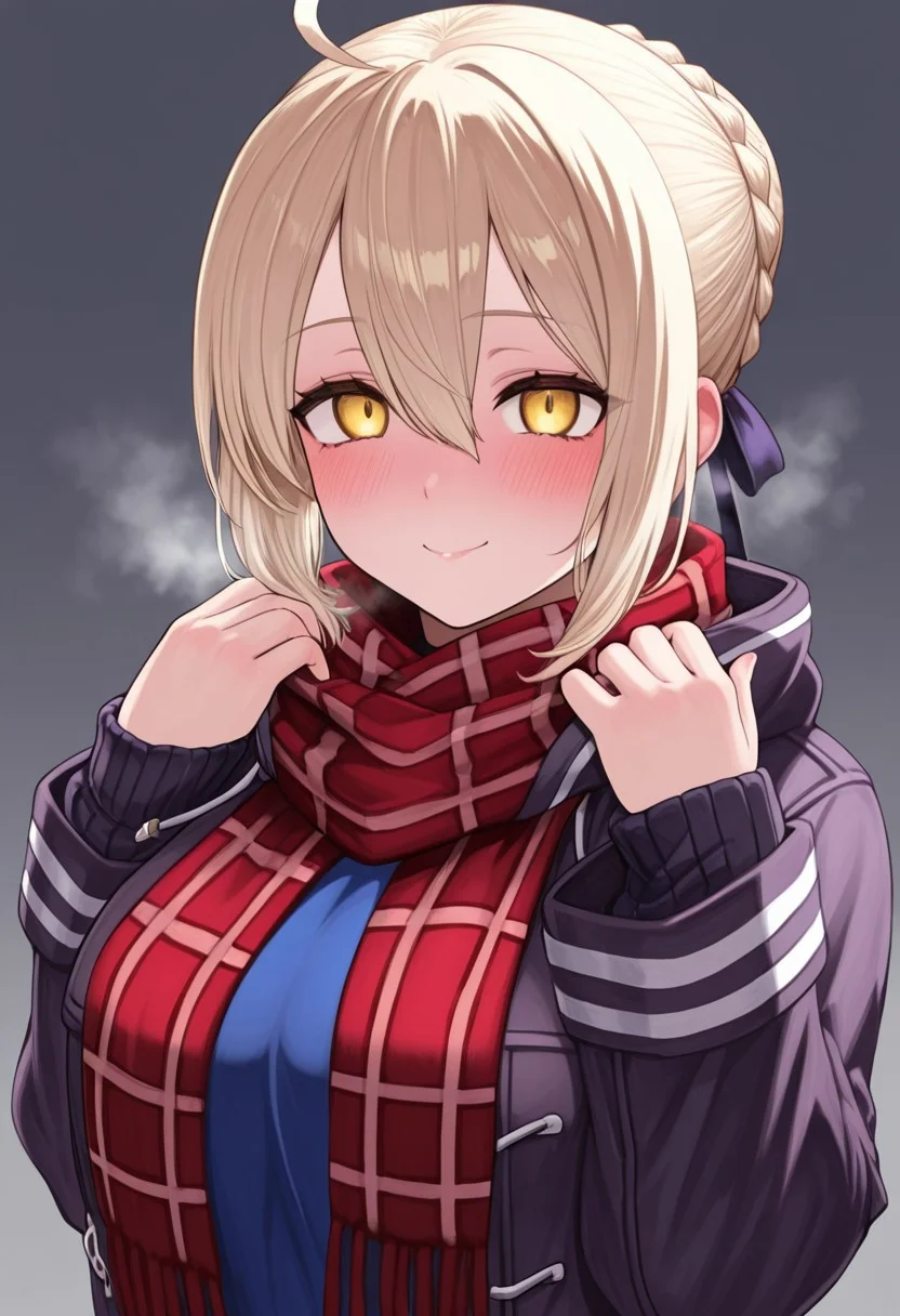 H1r0n3,masterpiece, best quality, amazing quality, intricate details, looking at viewer, mature female, plump,
1girl, solo, artoria pendragon \(fate\), mysterious heroine x alter \(fate\), hair between eyes, blonde hair, looking at viewer, mysterious heroine x alter \(first ascension\) \(fate\), ahoge, scarf, smile, upper body, braid, plaid scarf, blush, bangs, plaid, closed mouth, red scarf, yellow eyes, grey background, sidelocks, hair ribbon, jacket, sleeves past wrists, breath, open clothes, coat