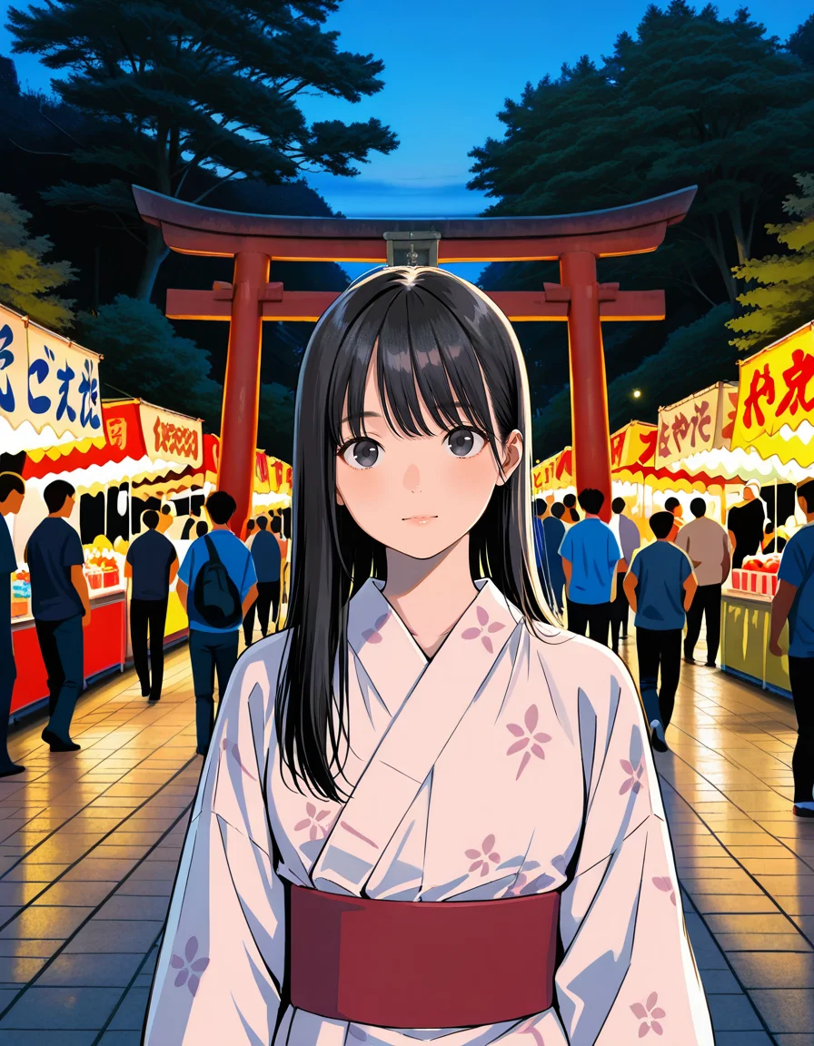 score_7_up, anime BREAK official art, solo, 1girl,
Black hair, (chest length hair:1.2), Straight Hair, bangs, one tucked behind ear, black eyes, feature large highlight, feature double highlights, shaped eyeblow,
<lora:natsumatsuri:0.8>, natsumatsuri,
outdoors, multiple boys, tree, multiple girls, night, scenery, 6+boys, festival, yukata, stalls, torii
photo background,
(masterpiece:1.3), best quality, high resolution, unity 8k wallpaper, extremely detailed CG, 8K, (watercolor \(medium\), muted color, sketch:1.1), perfect anatomy, highly finished, masterpiece, best quality, high quality, amazing quality, great quality, very aesthetic, ultra detailed, highres, absurdres, highly detailed, highly detailed background,
