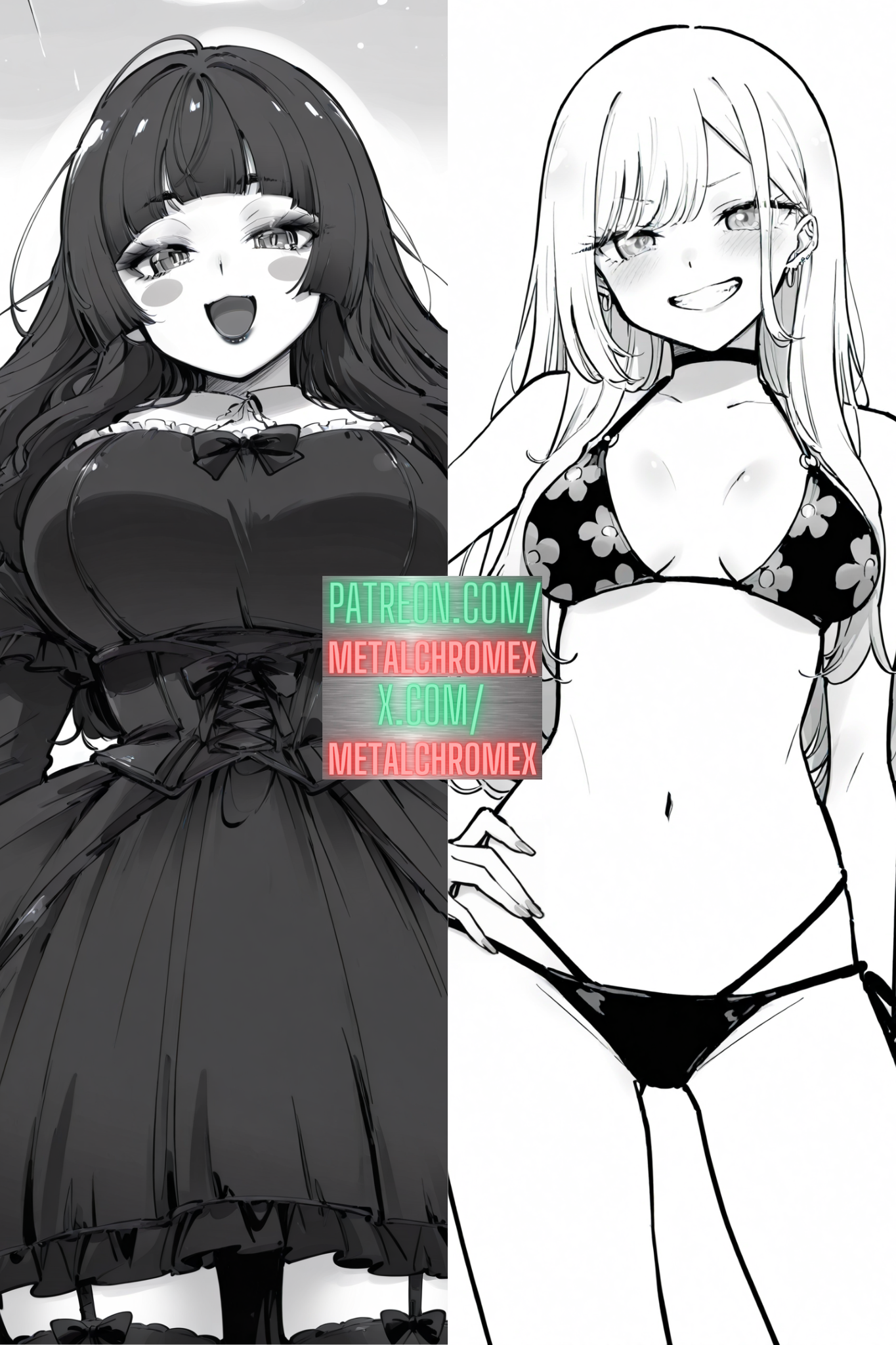 <lora:StS-Illustrious-Detail-Slider-v1.0:4> <lora:Tamarun_artist_style:1> <lora:Emi_Erokuro_MetalchromeX_official_mascot_character:0.7> 1girl, solo, black hair, black eyebrows, black blush stickers, large breasts, long hair, wavy hair, hair down, bangs, hime cut, gothic clothing, gothic dress, black stockings, eyeshadow, black lipstick, black fingernails, :D, looking at the viewer, greyscale

<lora:StS-Illustrious-Detail-Slider-v1.0:4> greyscale, <lora:Tamarun_artist_style:1> kitagawa_marin, sono_bisque_doll_wa_koi_wo_suru, 1girl, blonde_hair, looking at the viewer, gyaru grin, black bikini, floral pattern, hand on hips, cowboy shot, girl is 18 years old,
