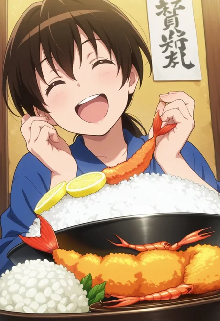 masterpiece,best quality,amazing quality, senke shinobu, brown hair, japanese clothes, blue kimono, brown eyes, food, closed eyes, solo, tempura, open mouth, smile, shrimp, fish, 1girl, lemon, rice, shrimp tempura