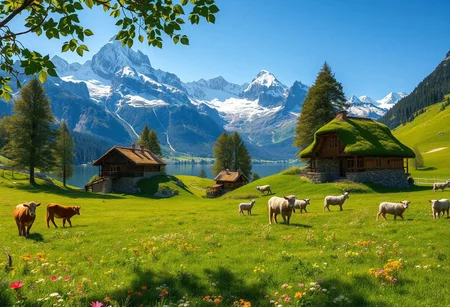 Ultra realism, high quality, high resolution 8K and above, stable and accurate focus, ultra correct anatomy, super detail. A beautiful mountain scene with tall snow-capped peaks reflected in a crystal clear lake. In the foreground are green meadows dotted with wild flowers of various colors. Included in the landscape are houses built of stone and wood, architecturally designed to blend in with nature. The roofs of the houses are covered with thick grass and colorful flowers. Cows roam the meadow, and a flock of sheep, led by shepherd dogs, graze around. The trees around the houses are tall and green, with leaves that cast shadows on the houses. The sunlight illuminates the landscape, creating a warm and welcoming atmosphere.